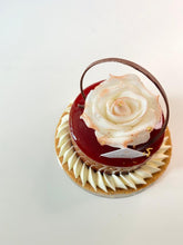 Load image into Gallery viewer, Handmade White Rose 72% Dark Chocolate Raspberry Fudge 4”(D)x4”(H)